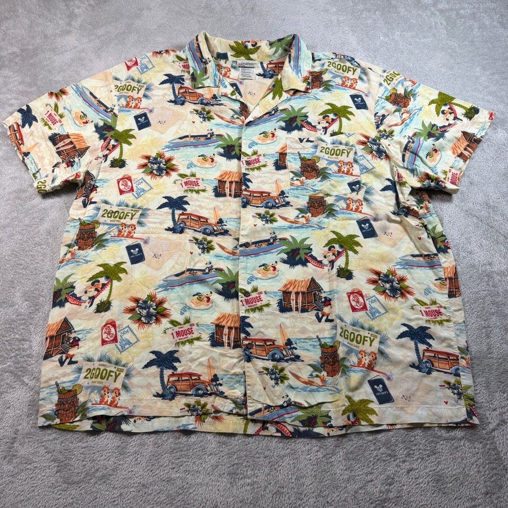 Disneyland Hawaiian Button Up Shirt Men XXL Cream Tropical Mickey Goofy Vacation
